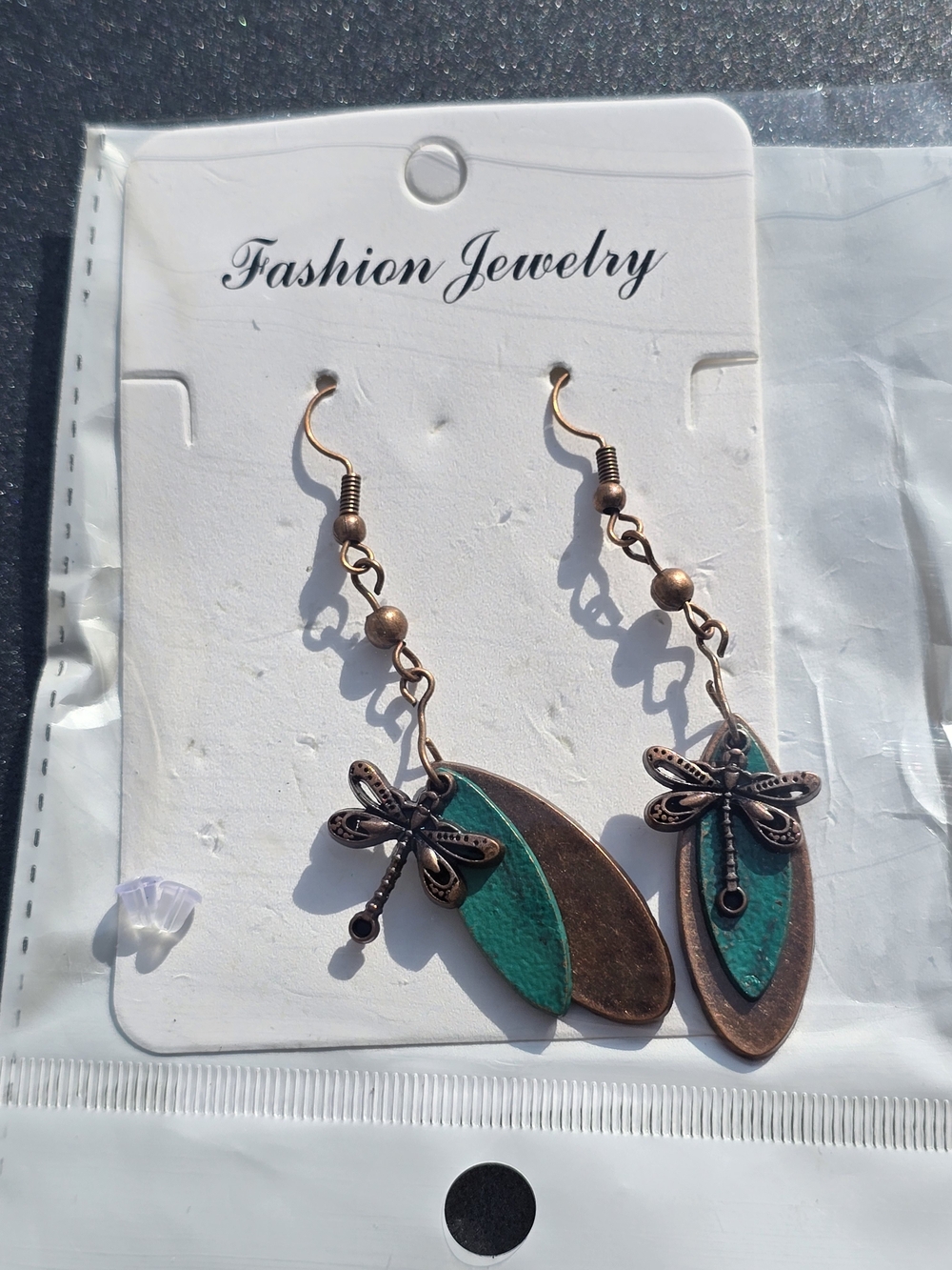 Fashion Jewelry Bronze Dragonfly Earrings with Teal Accents